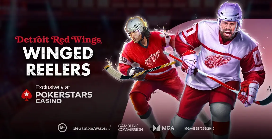 Detroit Red Wings Winged Reelers Logo with PokerStars and hockey player image