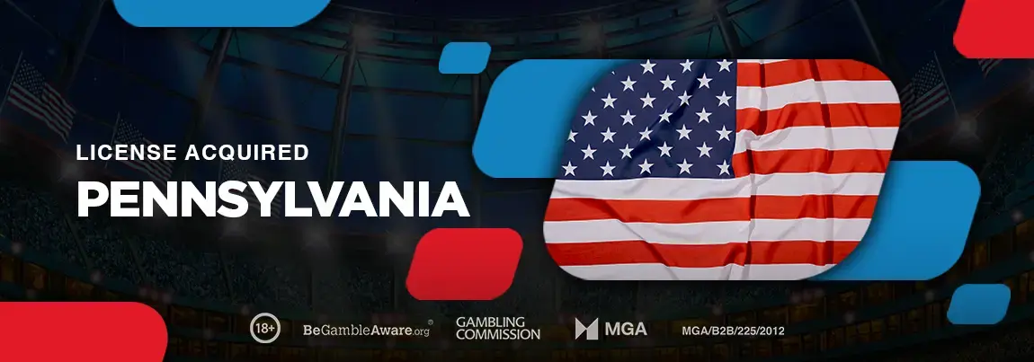 Play'n GO logo and US flag with 'license acquired pennsylvania' text