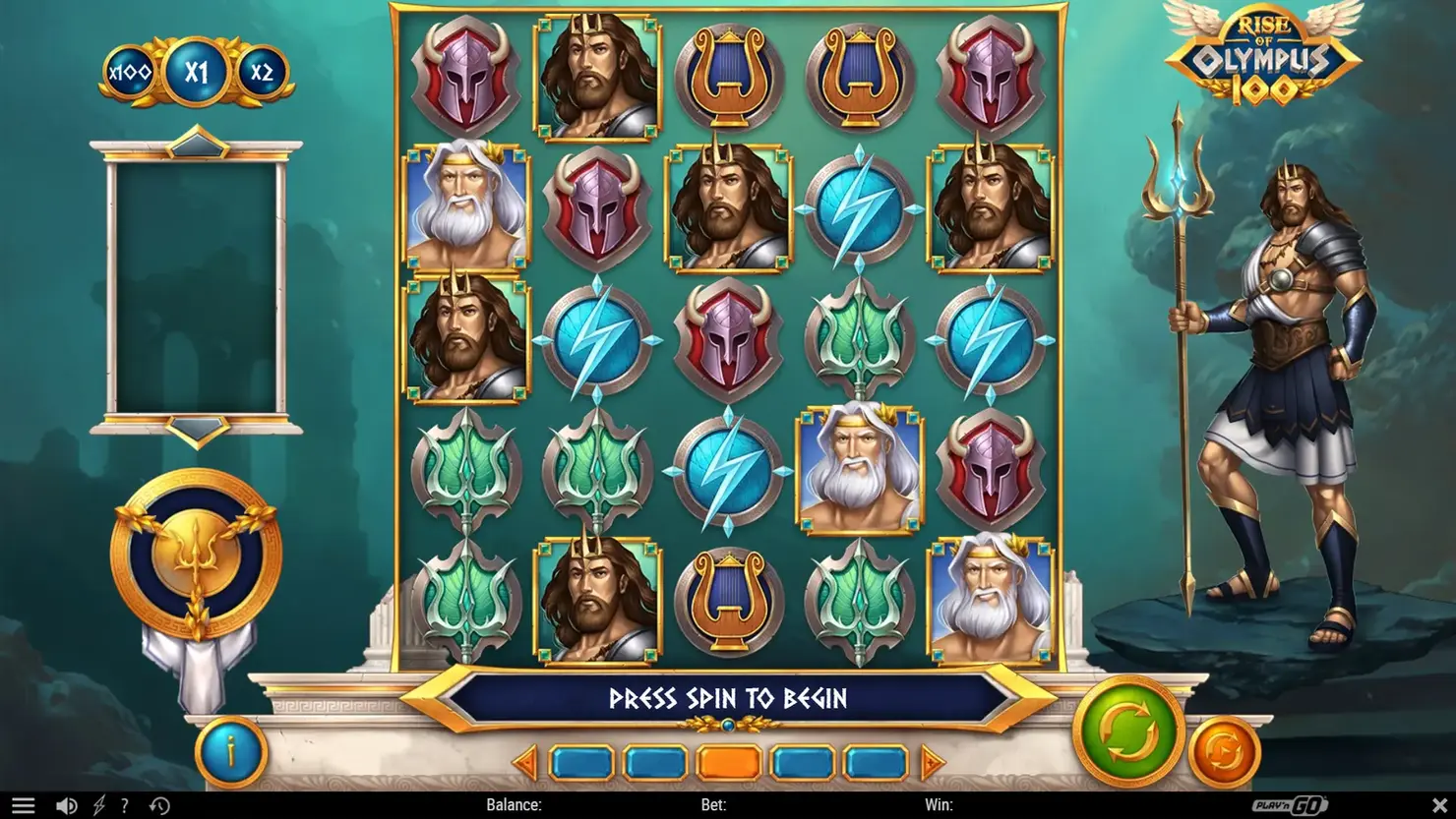 Rise of Olympus 100 grid with the character Poseidon to the right
