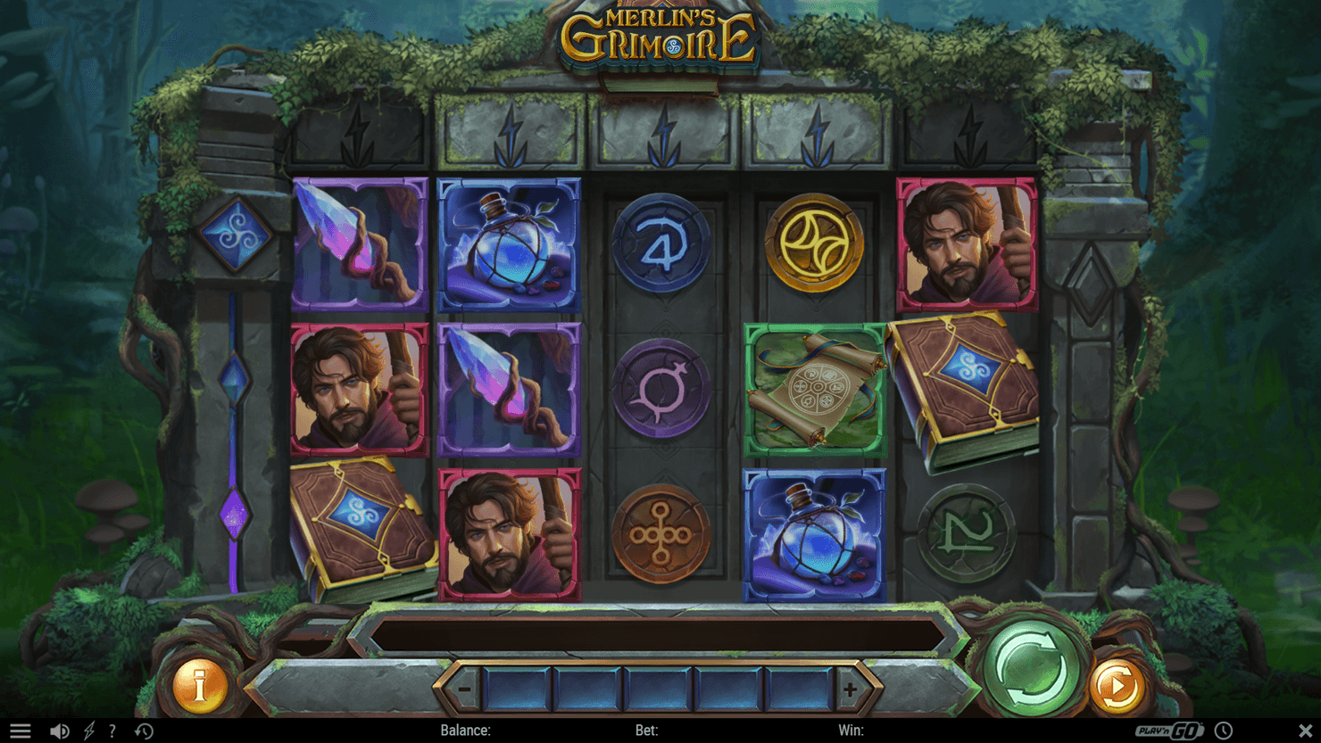 Merlin's Grimoire reels with Merlin and magic book symbols