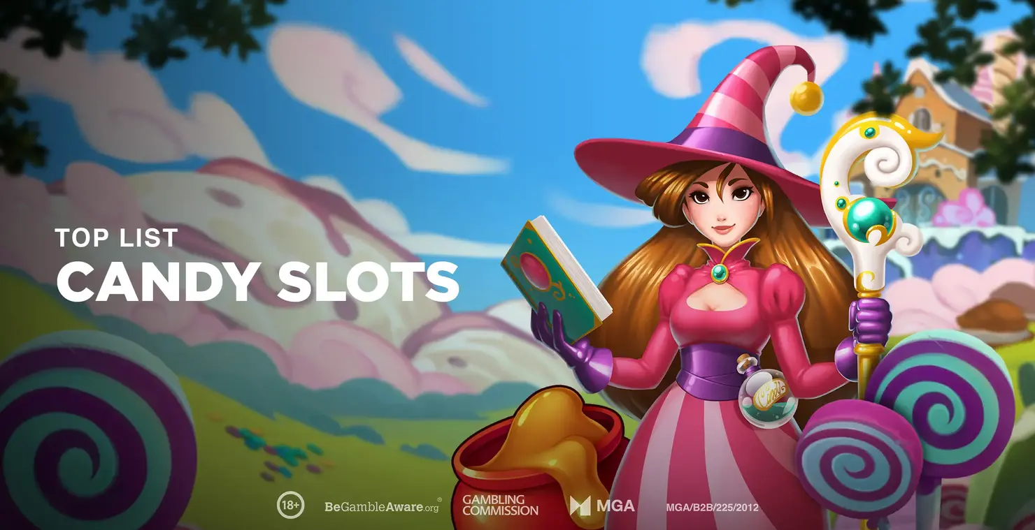 Sweet Alchemy character on a top candy slots banner